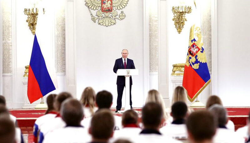 President of Russia Vladimir Putin with members of the Russian Olympic team for the 2020 Summer Olympics in Tokyo, Japan.