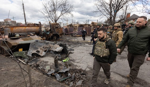 Ukraine President Zelensky in Bucha after Russian invasion