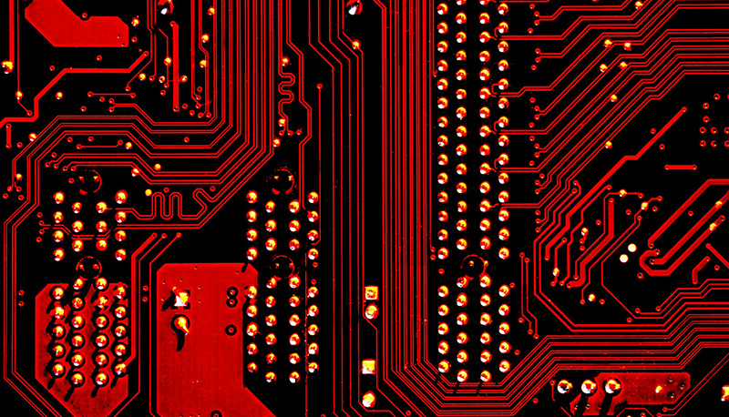 close-up of red computer circuitry