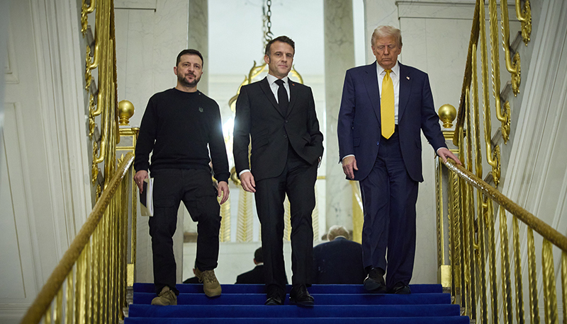 U.S. President Donald Trump, French President Emmanuel Macron and Ukrainian President Volodymyr Zelenskyy