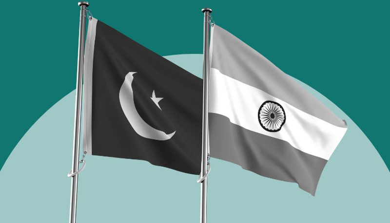 black-and-white depiction of the India and Pakistan flags against a two-tone green background