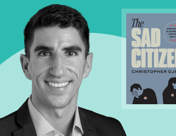 Podcast thumbnail that features a headshot photo of Christopher Ojeda next to the cover image of his book, "The Sad Citizen" overlaid on a two-tone teal background.