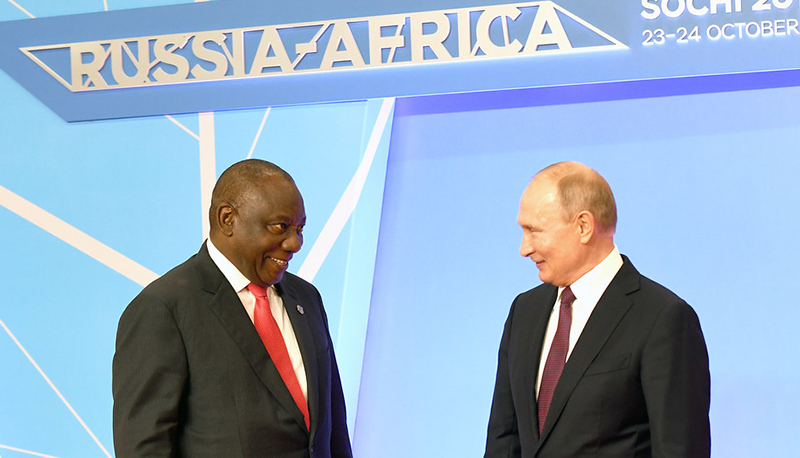 President Cyril Ramaphosa of South Africa with President Vladimir Putin of Russia, 2019.